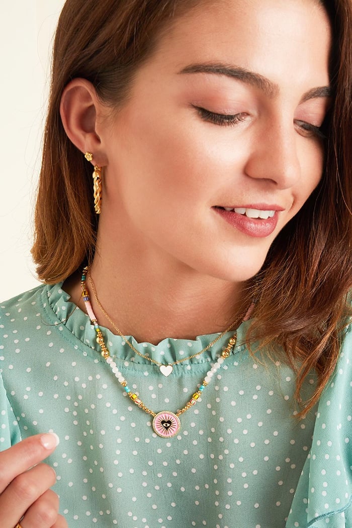 Kleurrijke kralenketting met een hart-oog-amulet Multi Koper Afbeelding3