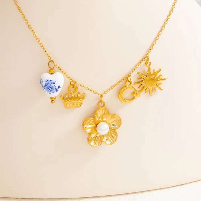 1 piece romantic series natural heart stainless steel  gold color plated artificial pearl women's pendant necklaces
