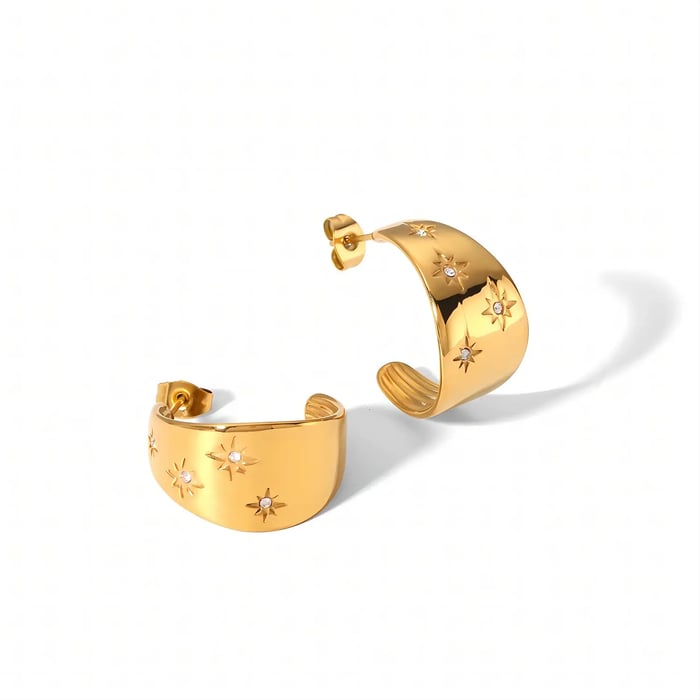 1 pair of exquisite and fashionable  gold-plated stainless steel wide eight-pointed star earrings for women for daily wear