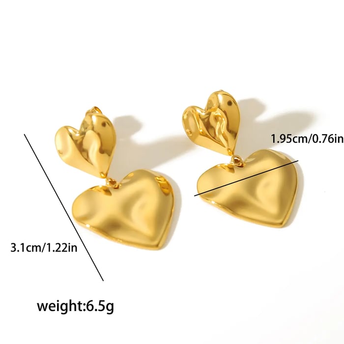 1 pair of exquisite and fashionable  gold-plated stainless steel hammered double love pendant earrings for women's jewelry for daily wear Picture2