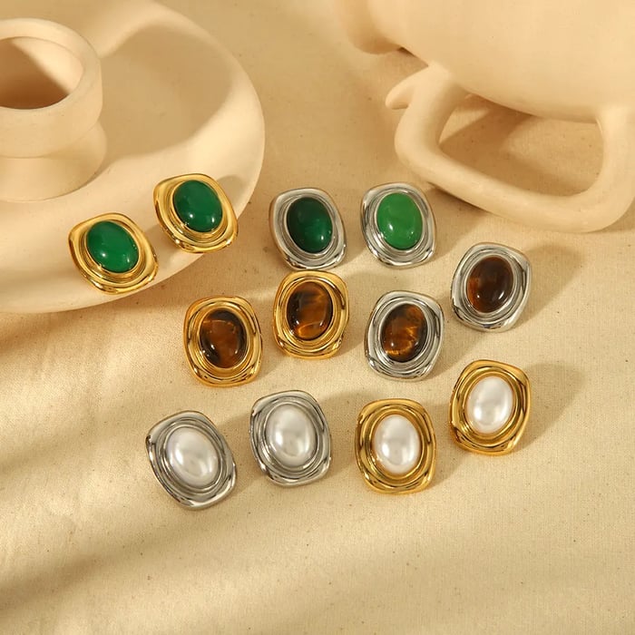 1 pair of classic  gold-plated stainless steel square geometric tiger eye stone earrings for women's daily wear