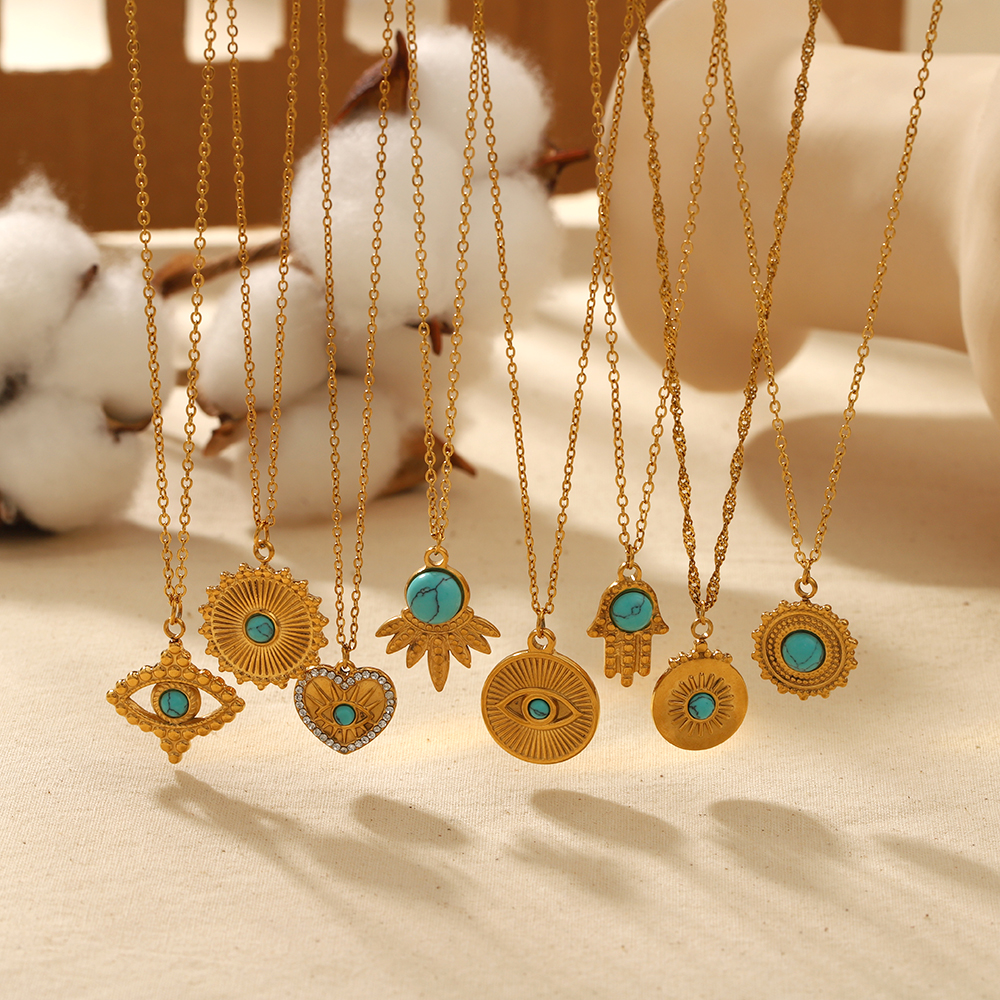 1 piece classic fashion 18k gold plated stainless steel turquoise geometric pendant necklace for women jewelry daily wear