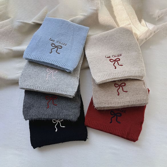 1 Piece Solid Color Embroidered Bow Knot Rayon & Wool Winter Scarf 2