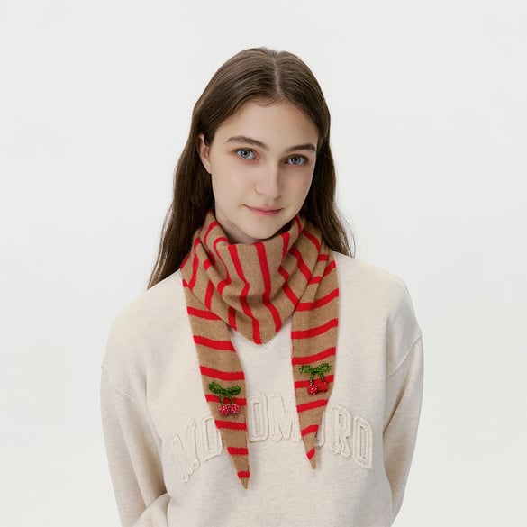 1 Piece Color-blocking Striped knitted Bandana with Beaded Cherry 2