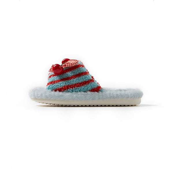 1 par de pantuflas de felpa para el hogar con lazo de rayas y bloques de color cereza