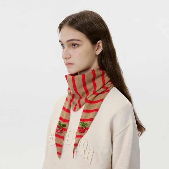 1 Piece Color-blocking Striped knitted Bandana with Beaded Cherry