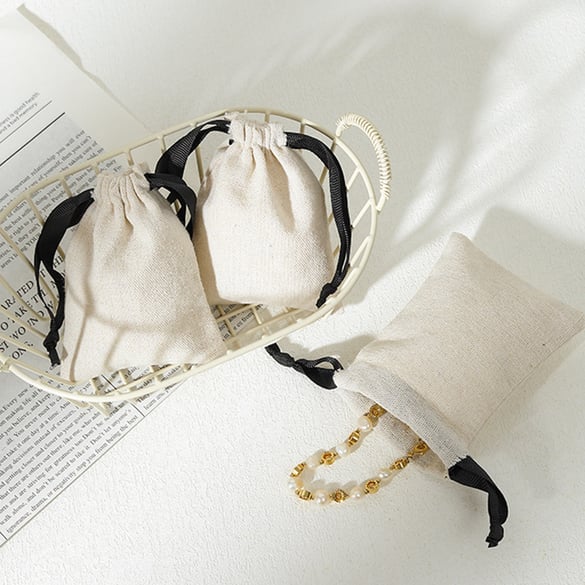 1 Piece Solid Color Cotton and Linen Drawstring Jewelry Bag 2