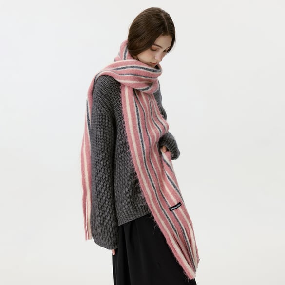 1 Piece Wool & Polyester Tassel Color-blocked Striated Winter Scarf