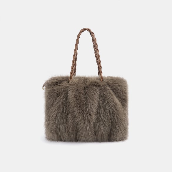 Bolso de hombro para mujer de 1 pieza, lujoso, con pliegues peludos y color liso