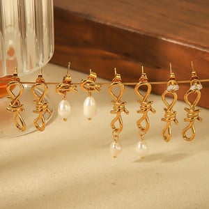 1 Pair Simple Fashionable Style Twist Knot Shape Stainless Steel  Gold Color  Inlay Artificial Pearls Women's Drop Earrings h5 Picture2