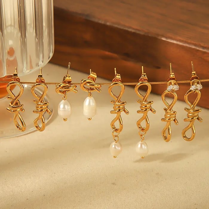 1 Pair Simple Fashionable Style Twist Knot Shape Stainless Steel  Gold Color  Inlay Artificial Pearls Women's Drop Earrings Picture2