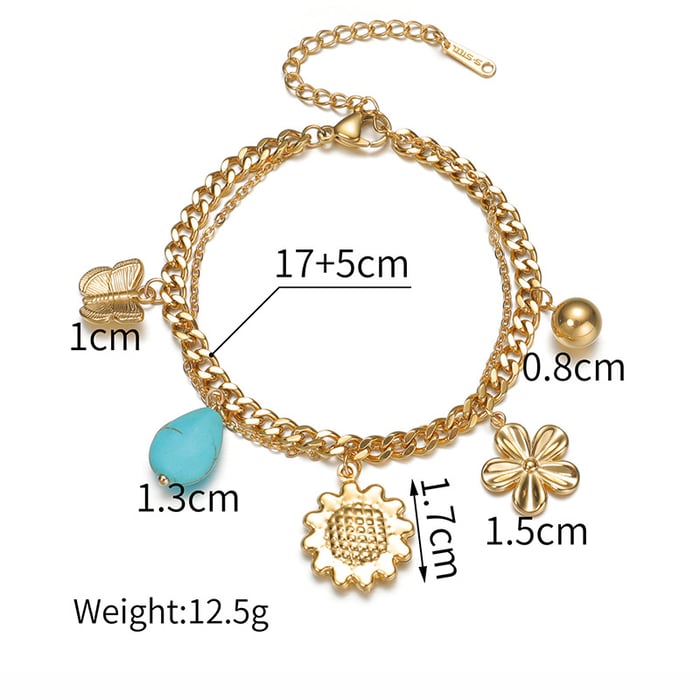 1 pezzo di lusso collezione retrò fiore color oro braccialetti con ciondoli da donna in acciaio inossidabile Immagine2