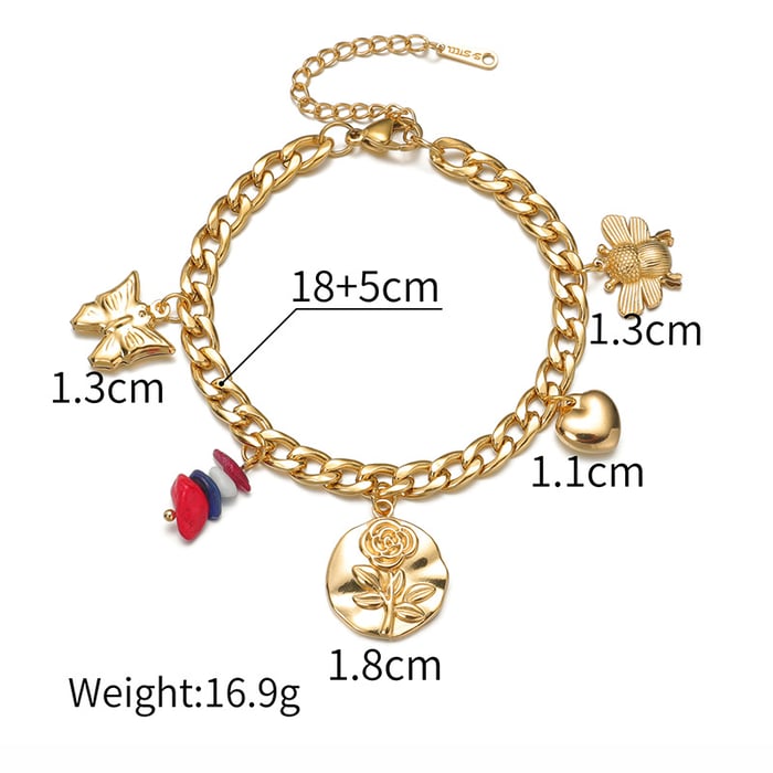 1 pièce de la collection de luxe rétro fleur couleur or bracelets à breloques en acier inoxydable pour femmes Image2