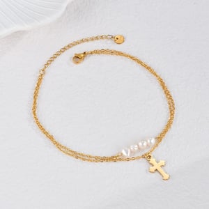 1 Piece Simple Classic Style Cross Shape Stainless Steel  Gold Color Inlay Artificial Pearl Women's Anklet h5 Picture2