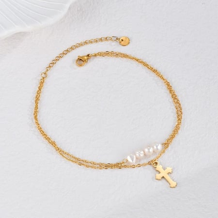 1 Piece Simple Classic Style Cross Shape Stainless Steel  Gold Color Inlay Artificial Pearl Women's Anklet