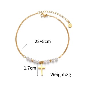 1 Piece Simple Classic Style Cross Shape Stainless Steel  Gold Color Inlay Artificial Pearl Women's Anklet h5 