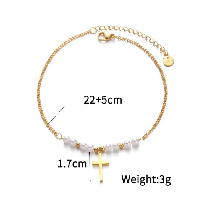 1 Piece Simple Classic Style Cross Shape Stainless Steel  Gold Color Inlay Artificial Pearl Women's Anklet 