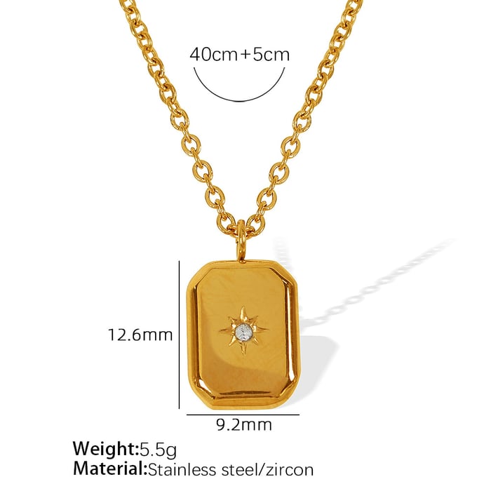 1 Piece Simple Series Retro Rectangle Stainless Steel  Gold Color Zircon Women's Pendant Necklaces 