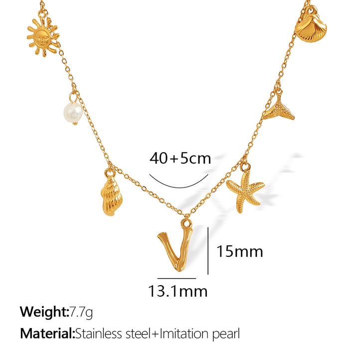 1 Piece Chic Series Vacation Letter V Stainless Steel  Gold Color Women's Pendant Necklaces 