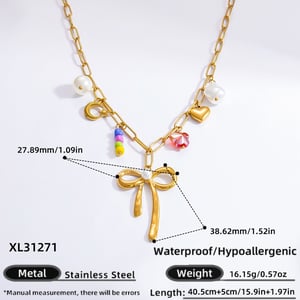 1 Piece Romantic Series Sweet Bowknot Stainless Steel Gold Color Artificial Pearl Women's Pendant Necklaces h5 