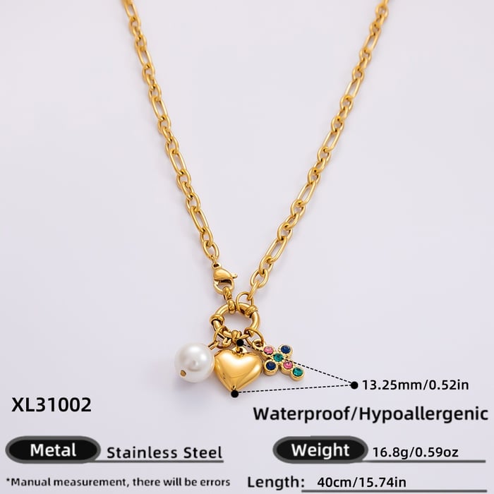 1 Piece Classic Series Simple Heart Stainless Steel  Gold Color Artificial Pearl Women's Pendant Necklaces 