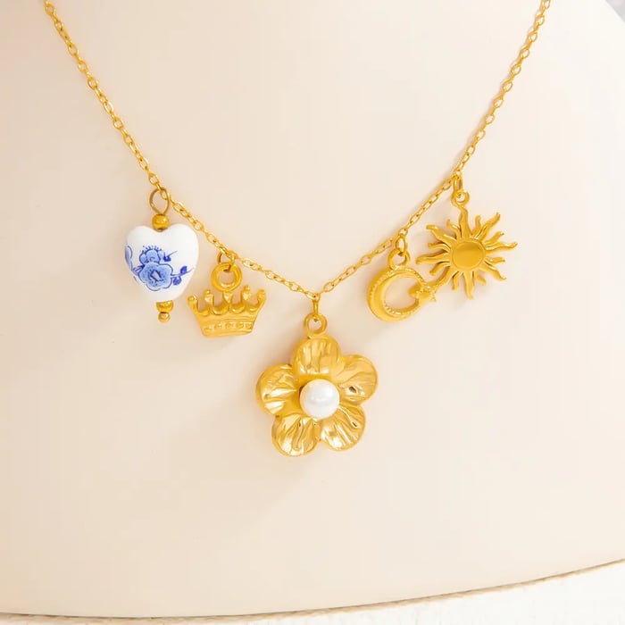 1 Piece Romantic Series Natural Flower Stainless Steel  Gold Color Artificial Pearl Women's Pendant Necklaces 