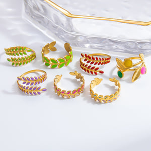 1 Piece Chromatic Series Vivid Olive Branch Oil-spot Glazing Stainless Steel Gold Color Women's Adjustable Rings h5 Picture3