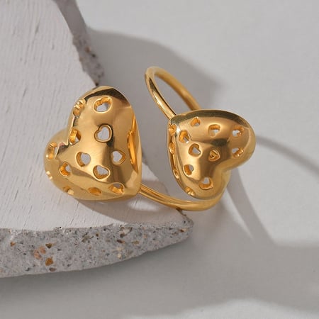 Anillo ajustable de acero inoxidable chapado en Color dorado de 18 quilates para mujer, estilo romántico retro, con forma de corazón ahuecado, 1 pieza 2