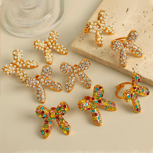 1 Pair Simple Series Retro Bow Knot Stainless Steel  Gold Color Rhinestone Women's Adjustable Rings h5 Picture2