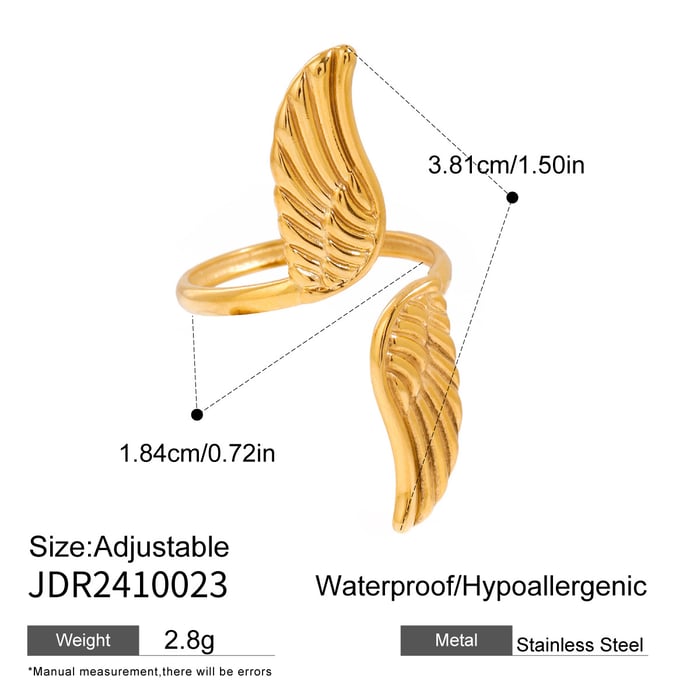 1 Piece Luxurious Series Retro Wing Stainless Steel  Gold Color Women's Adjustable Rings 