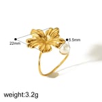 Gold color / One size / 1 Piece Dainty Retro Style Irregular Flower Shape Stainless Steel  Gold Color Inlay Artificial Pearls Women's Adjustable Rings 