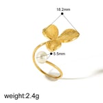 Gold color / One size / 1 Piece Dainty Retro Style Leaf Shape Stainless Steel  Gold Color Inlay Artificial Pearls Women's Adjustable Rings Picture2