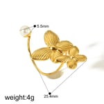 Gold color / One size / 1 Piece Dainty Retro Style Butterfly Shape Stainless Steel  Gold Color Inlay Artificial Pearls Women's Adjustable Rings Picture2