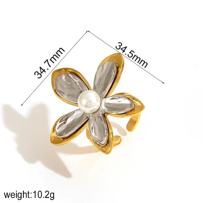 1 Piece Simple Series Daily Flower Stainless Steel  Gold Color Artificial Pearl Women's Adjustable Rings 