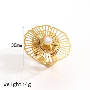 1 Piece Simple Series Daily Flower Stainless Steel  Gold Color Artificial Pearl Women's Statement Rings h5 