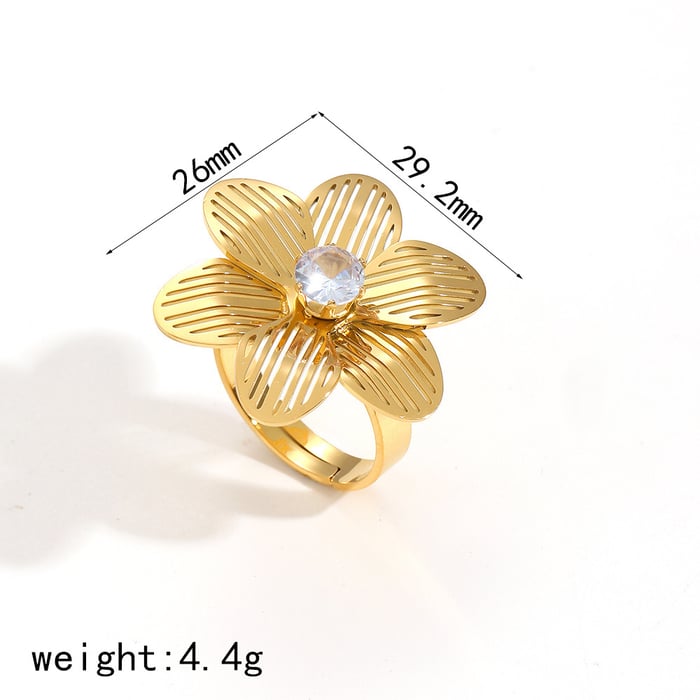 1 Piece Simple Series Daily Flower Stainless Steel  Gold Color Zircon Women's Statement Rings 