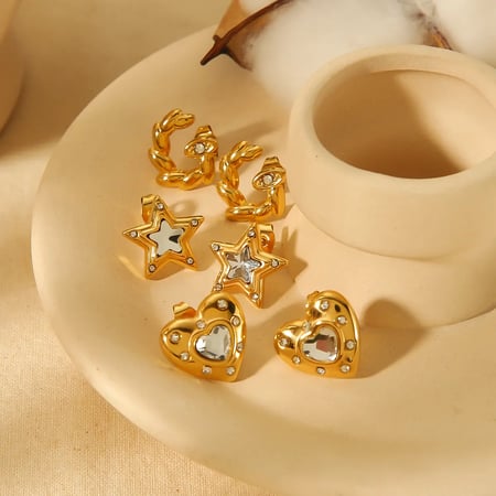 1 par de aretes de botón con forma de corazón superpuestos, estilo dulce y sencillo, de acero inoxidable chapado en Color dorado de 18 quilates con incrustaciones de diamantes de imitación para mujer 2