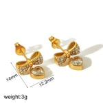 Gold color / 1 Pair Exquisite Sweet Style Bow Knot Shape Stainless Steel  Gold Color Inlay Rhinestones Women's Pendant Earrings 