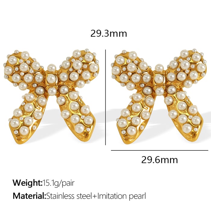 1 Pair Simple Series Retro Bow Knot Stainless Steel  Gold Color Artificial pearl Women's Stud Earrings 