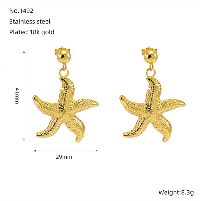 1 Pair Classic Starfish Stainless Steel  Gold Color Wome'sn Drop Earrings 