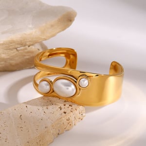 1 Piece Simple Series Elegant Circle Stainless Steel  Gold Color Artificial Pearl Women's Bangles h5 