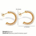 Gold color / 1 Pair Luxurious Series Retro Geometric Stainless Steel  Gold Color Artificial Pearl Women's Hoop Earrings 