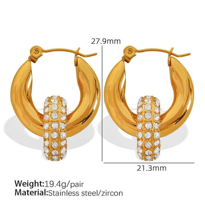 1 Pair Luxurious Series Retro Geometric Stainless Steel  Gold Color Zircon Women's Hoop Earrings 