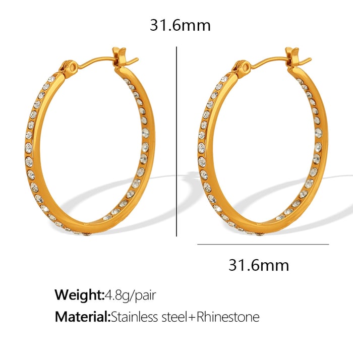 1 Pair Simple Series Retro Geometric Stainless Steel  Gold Color Rhinestone Women's Hoop Earrings 