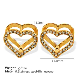 1 Pair Simple Series Sweet Heart Stainless Steel  Gold Color Rhinestone Women's Clip-on Earrings h5 