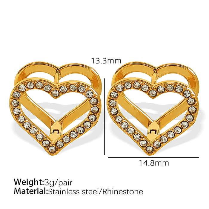 1 Pair Simple Series Sweet Heart Stainless Steel  Gold Color Rhinestone Women's Clip-on Earrings 