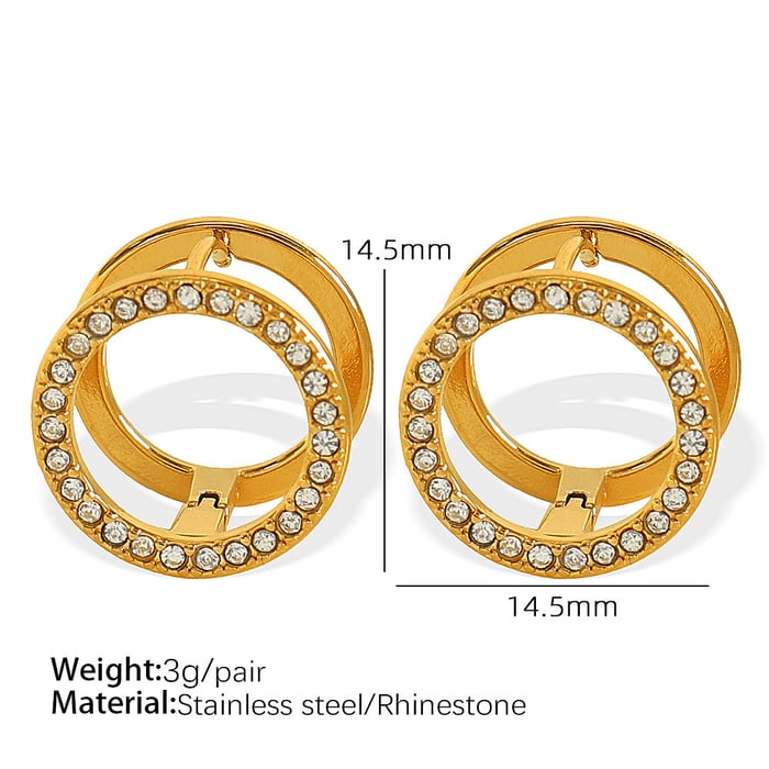 1 Pair Simple Series Sweet Round Stainless Steel  Gold Color Rhinestone Women's Clip-on Earrings 