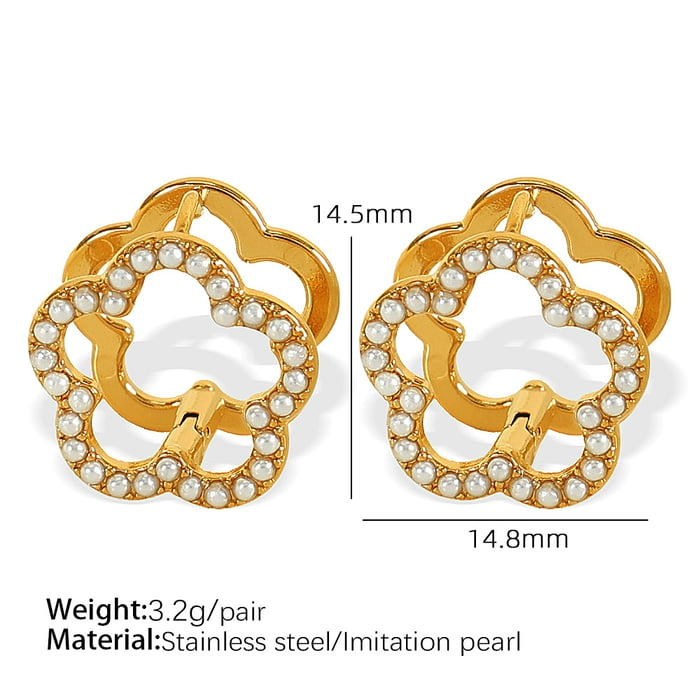 1 Pair Simple Series Sweet Flower Stainless Steel  Gold Color Artificial Pearl Women's Clip-on Earrings 