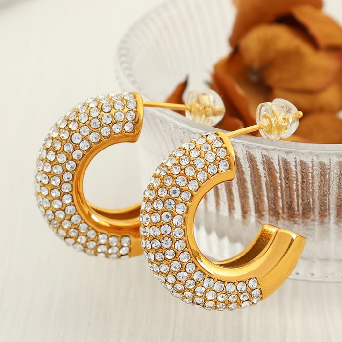 1 Pair Luxurious Series Simple Geometric Stainless Steel  Gold Color Rhinestone Women's Hoop Earrings 