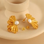 Gold color / 1 Pair Luxurious Series Elegant Flower Titanium Steel  Gold Color Artificial Pearl Women's Stud Earrings 